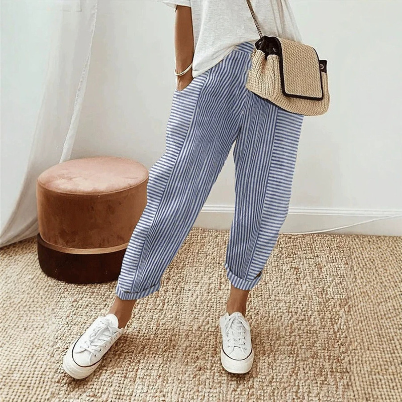 New European and American Style Women's Casual Pants with Floral Digital Print and Drawstring