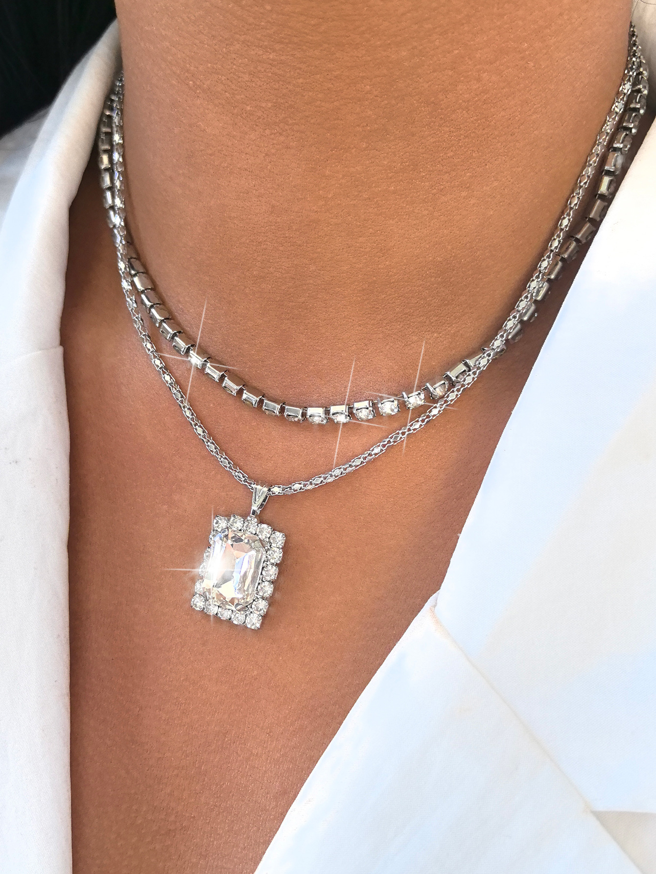 Iron Material Rectangle Pattern All Seasons Season Retro Rectangle Rhinestones Iron Tennis Chain Pendant Necklaces Wholesale