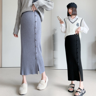 Pregnant women's clothing autumn and winter New knitted sheath side slit one-step skirt fashionable slimming mid-length skirt