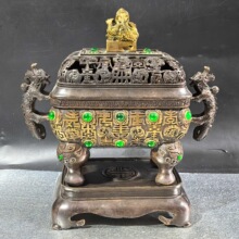 批发仿古铜鎏金龙抬头怀旧四足方鼎镶宝石工艺品摆件熏香炉檀香炉