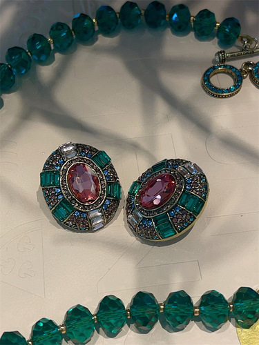 Antique-style silver needle vintage heavy work emerald crystal gemstone earring set high-quality retro earrings eardrops