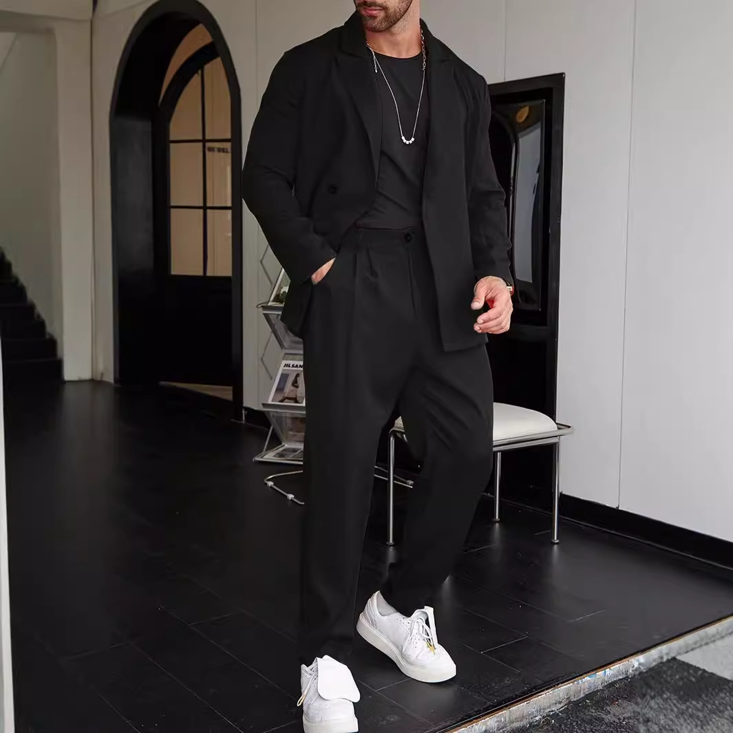 Simple Solid Color European Version Slim-Fit Button Suit Long-Sleeved Jacket Pants Two-Piece Set WL008 MR7