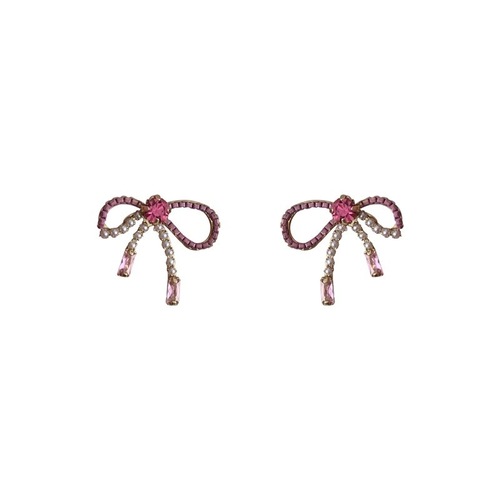 Pink bow crystal earrings for women Korean 925 silver needle niche fashion versatile red earrings trendy earrings