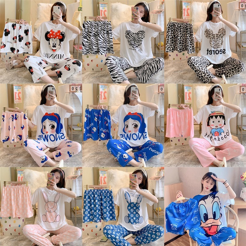 Live Hot-selling Pajamas Women's Three-piece Suit Summer Short-sleeved + Shorts + Pants Korean Cartoon Loose Casual Home Clothes Live Hot-selling Pajamas Women's Three-piece Suit Summer Short-sleeved + Shorts + Pants Korean Cartoon Loose Casual Home Clothes