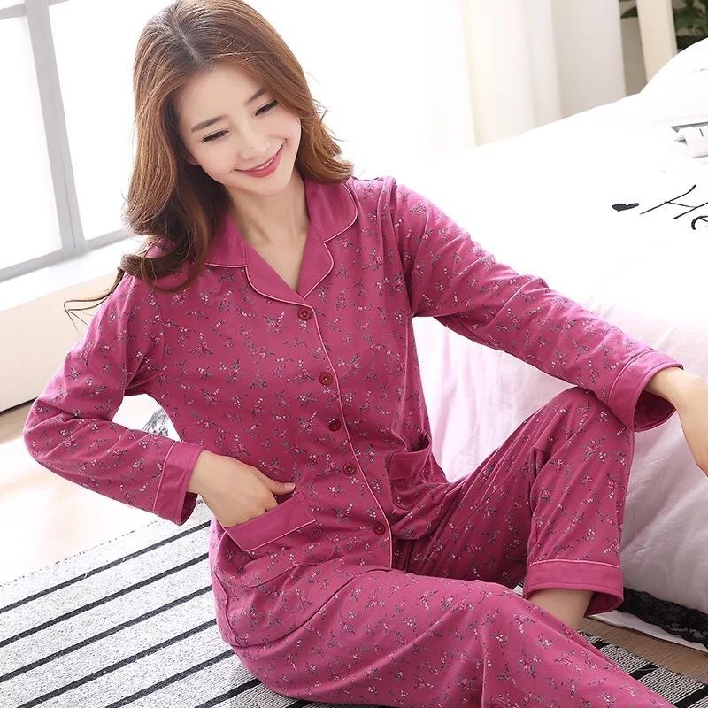 Primavera y otoño 100% pijamas de algodón de manga larga de las mujeres más el tamaño cardigan traje de mediana edad y ancianos ropa de casa de invierno