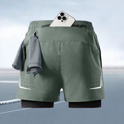 Marathon Professional Running Shorts for Men with Back Waist Pocket for Phone, Sports-Specific, Quick-Dry, Three-Point Fitness Shorts with Inner Lining (Car roof lining) - s-recommended-30-40kg-dk421-green-four-pockets-can-hold-mobile-phones
