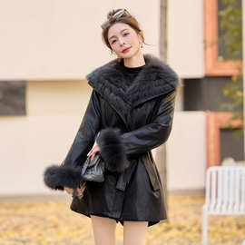 轻奢风黑色PU皮中长款羽绒服女2025冬新款大毛领系带收腰保暖外套