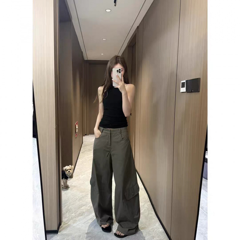 美式复古多口袋工装裤女款夏季高腰宽松阔腿拖地裤直筒微喇牛仔裤|undefined