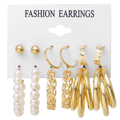 6-Piece European and American Earring Set for Women—Cross-Border, Exaggerated Geometric Design with Pearl and Diamond-Inlaid Earrings—Factory Wholesale