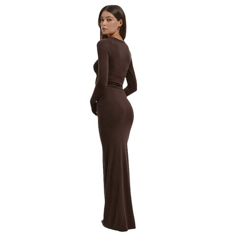 European and American autumn new women's solid-color round-neck long-sleeved basic long dress—wholesale for women