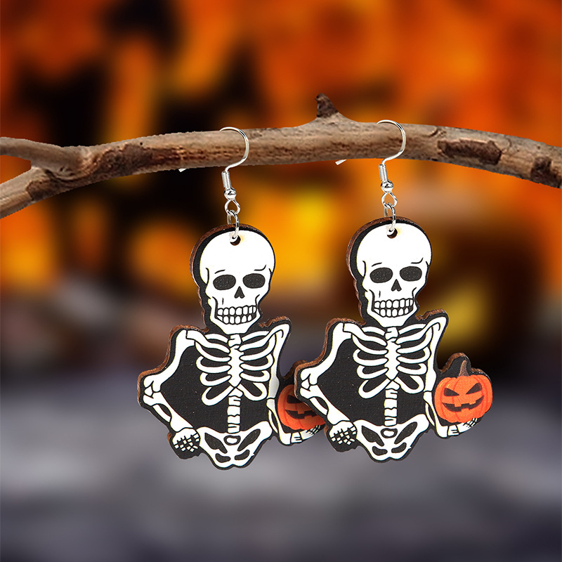 304 Stainless Steel Ear Needle Material 1 Pair Funny Halloween Pattern Wood Drop Earrings