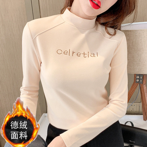 [Double-Sided Fleece] Women's Half-Turtleneck Fleece Slim-Fit Base Layer Top, Korean-Style Long Sleeve for Autumn and Winter