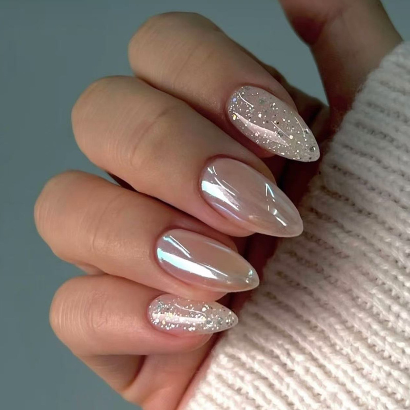Flash chrome white brown almond glitter sequins design high-end wearing nail nail patch cross-border fake nails