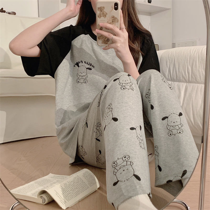 2023spring and summer new pajamas women's short-sleeved trousers suit pullover round neck home wear cotton wholesale