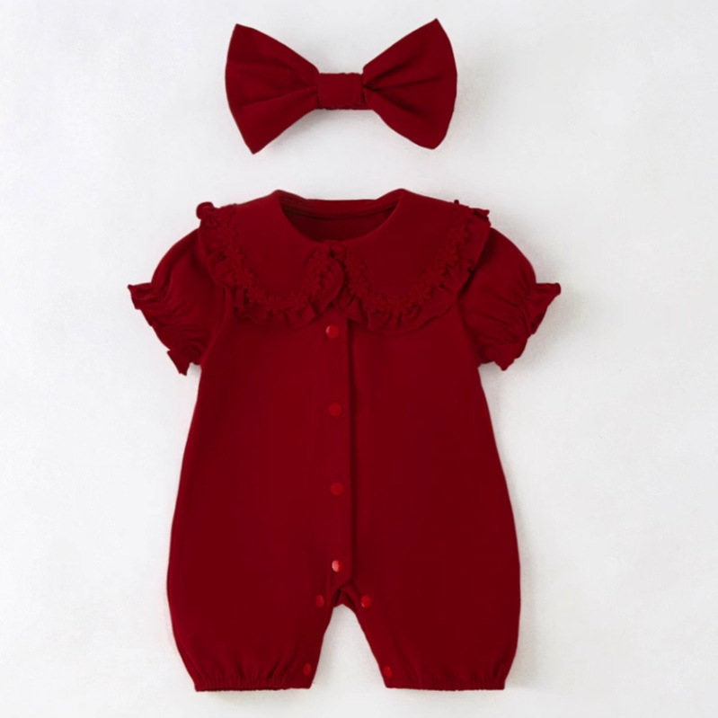 Newborn summer clothes for one-year-old baby girls, short-sleeved bodysuit, baby girl summer 100-day thin bodysuit