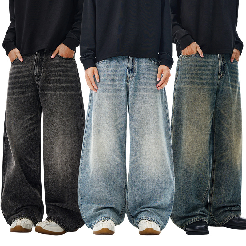 Lktm Men's American Classic Washed Whiskered Scimitar Jeans for Men and Women Loose Silhouette Vintage Long Pants