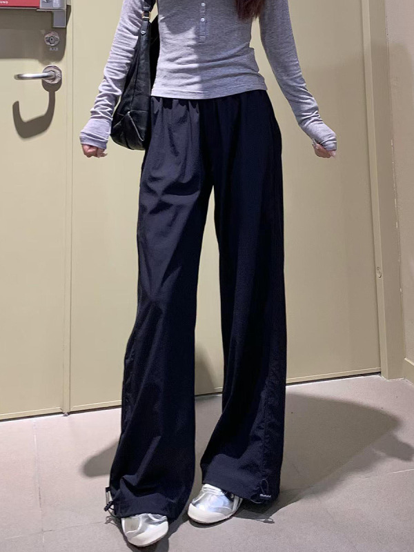 美式工装裤女2025春季新款藏蓝色直筒阔腿裤宽松高腰休闲运动裤子|undefined