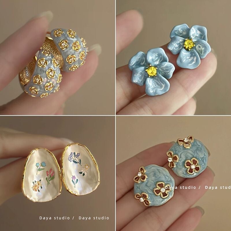 2026 Embossed Haze Blue French Retro Drip Glaze Rose Flower Zircon Earrings for Women, Light Luxury High-End Earrings