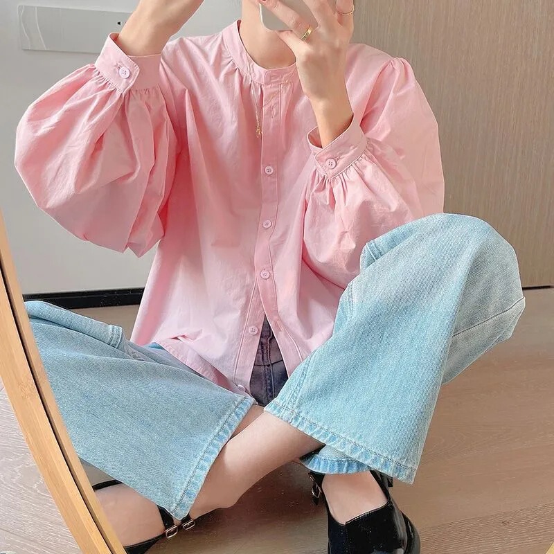 Cream pink long-sleeved shirt for women 2024 Spring and Autumn New loose shirt French retro sweet round neck top Fairy