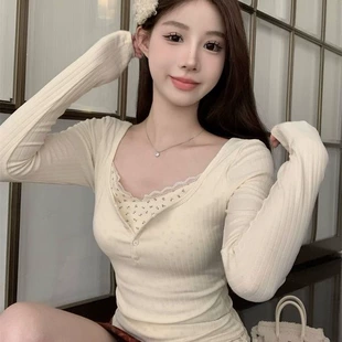 Long-sleeve lace floral base top, women's slim-fit French style, autumn/winter