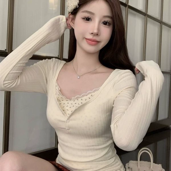 Long-sleeve lace floral base top, women's slim-fit French style, autumn/winter