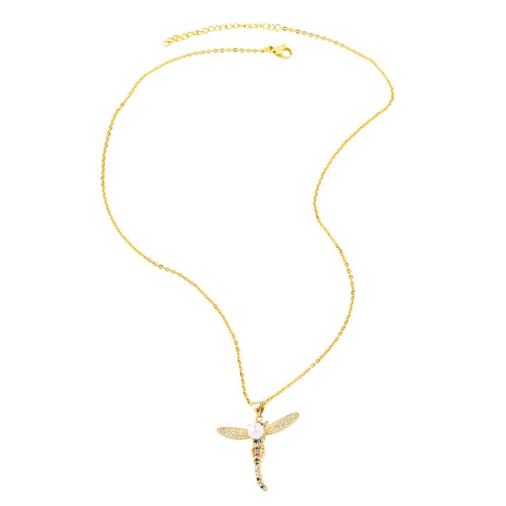 Fashion Dragonfly Copper Plating Artificial Pearls Zircon Pendant Necklace 1 Piece