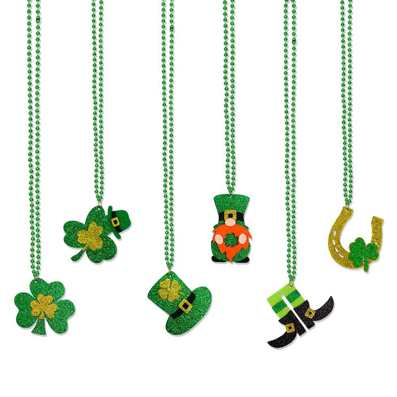 St. Patrick's Day Pendant Necklace Irish Festival Party Decoration Supplies Green Leprechaun Shamrock Bead Chain