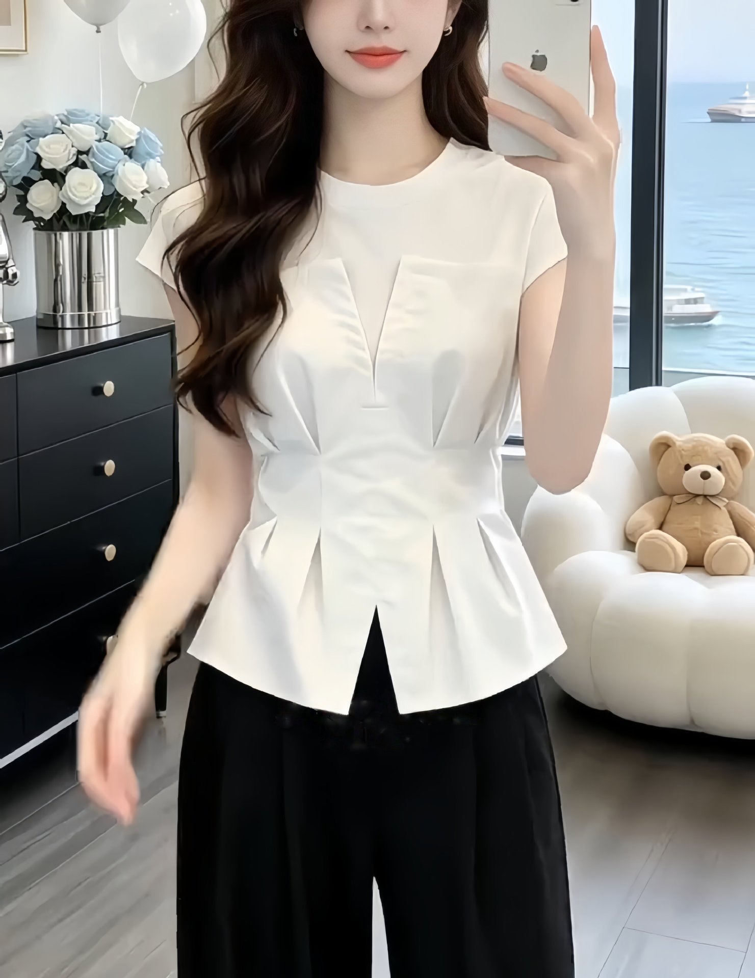 Áo sơ mi ngắn tay nữ phối mảnh thiết kế eo thon — màu trắng chi tiết 4