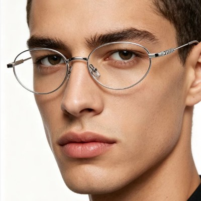 Clear Silver-Framed Oval Glasses with Lightweight Metal Thin Frames That Enhance the Appearance of the Face, with Delicate Temple Design and Detailed Features, Suitable for Daily Commuting
