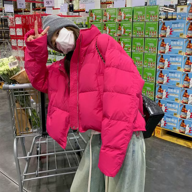 Розовый красный воротник пуховая хлопчатобумажная куртка женский зимний новый студент короткий маленький толстый хлебный костюм