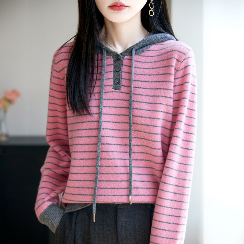 羊毛衫三粒扣拼色条纹帽衫秋冬新款减龄宽松连帽卫衣女士休闲上衣|undefined