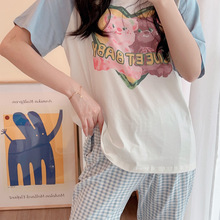 春夏季纯棉睡衣女夏天可爱卡通爱心小熊格子短袖长裤家居服套装