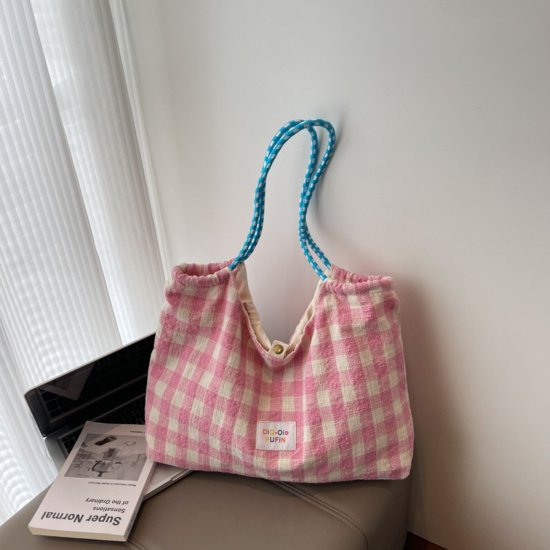 New Fresh Plaid Shoulder Tote Bag, Large-Capacity Commuter Bag, Gentle Fairy-Style Bag, Casual Student Cloth Bag New Fresh Plaid Shoulder Tote Bag, Large-Capacity Commuter Bag, Gentle Fairy-Style Bag, Casual Student Cloth Bag