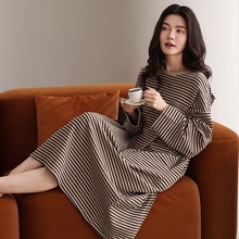 带胸垫100%纯棉睡衣圆领条纹全棉长裙可外出穿时尚流行漂亮家居服
