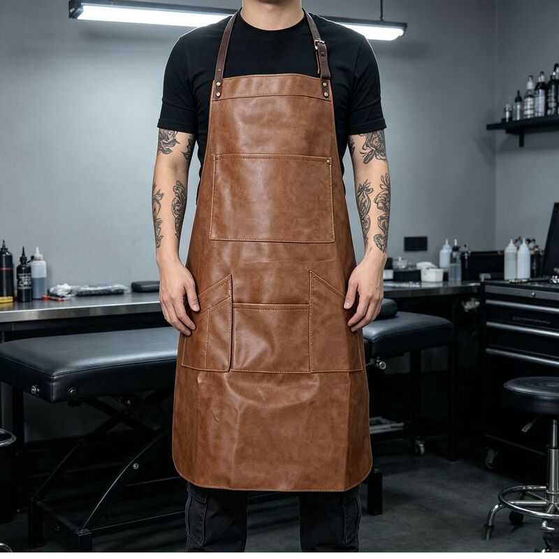 Multi-pocket PU neck-hanging apron, waterproof and oil-proof, suitable for tattoo artists, hairdressers, baristas, workwear apron, can be printed with LOGO