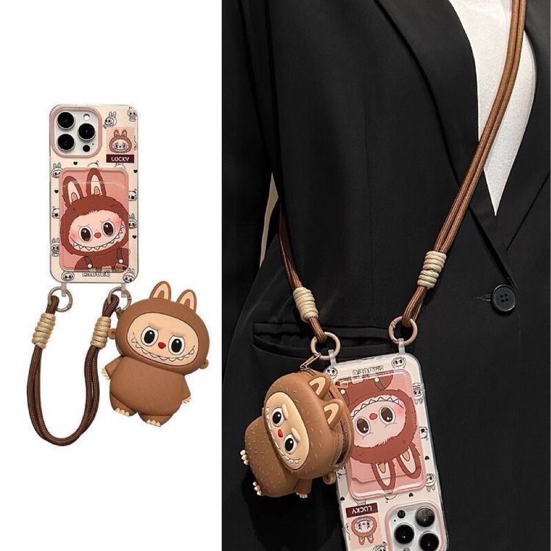 Fun Labubu Brown Iphone16/15Promax Mobile Phone Case Apple 14131211 Card Holder 678Xr Lanyard