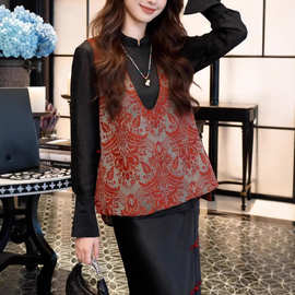 早春新款澳毛人丝对位花V领马甲复古新中式国风修身显瘦百搭马夹