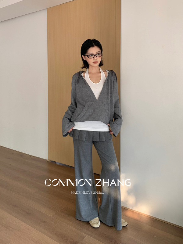 CZ ZHANG秋韩版减龄V领套头背心假两件女宽松休闲连帽外套B33141|undefined