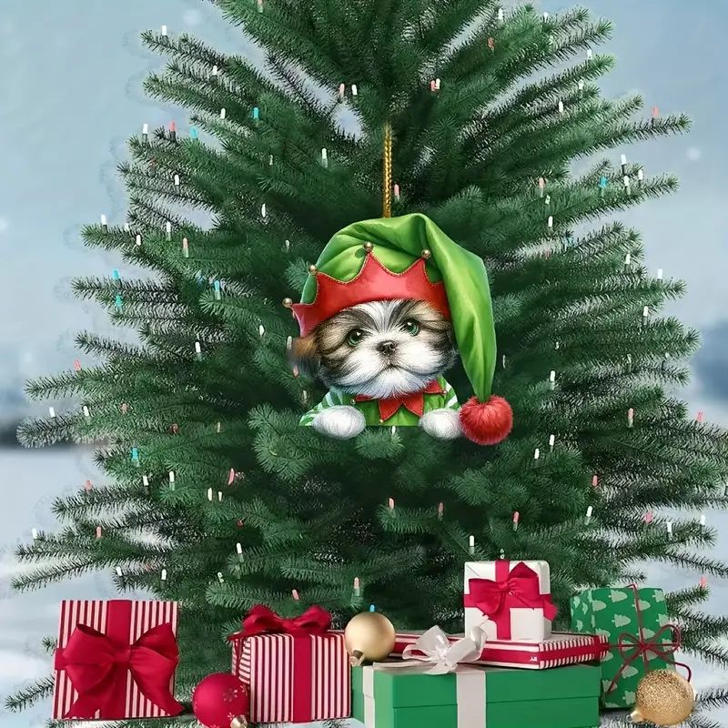 Creativo nuevo adorable cachorro de Navidad colgante de árbol de Navidad acrílico plano transfronterizo decoración de colgante de automóvil