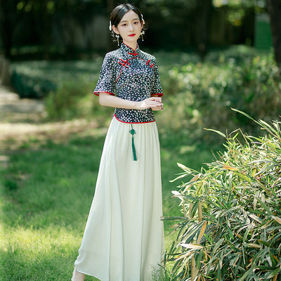 2022 summer have more cash than can be accounted for Chiffon cheongsam Dress grace temperament Improvement Cheongsam skirt suit Two piece set