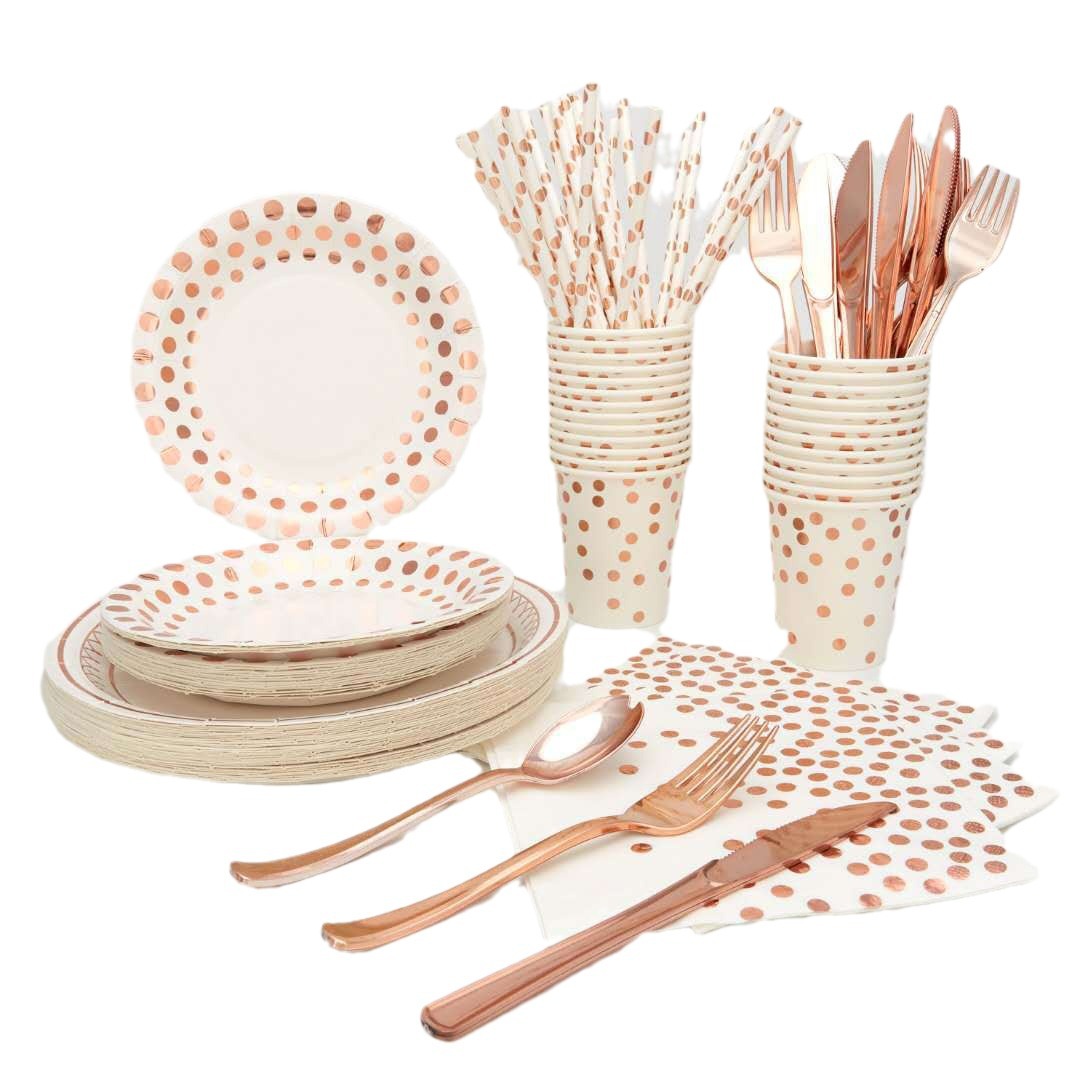 Hot Rose Gold dot desechable degradable plato de papel taza de papel cuchillo, tenedor y cuchara vajilla traje hotel restaurante comida occidental suministros
