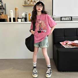 纯棉童装女童短袖t恤夏季新款扎染印花潮儿童宝宝短袖上衣中大童
