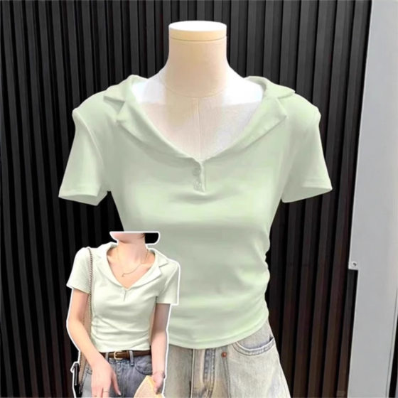 V-neck POLO shirt short-sleeved T-shirt women's summer slim-fit Korean-style bottoming shirt with short pleated waist-tight half-sleeved top