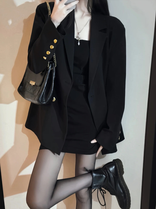 设计感春秋季小个子百搭复古宽松显瘦西装外套女休闲气质黑色西服|undefined
