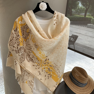 Linen Scarf for Women, Summer Sun Protection Large Square Scarf, Thin Silk Scarf, Air-Conditioned Room Outer Shawl, Yellow Flower Large Shawl