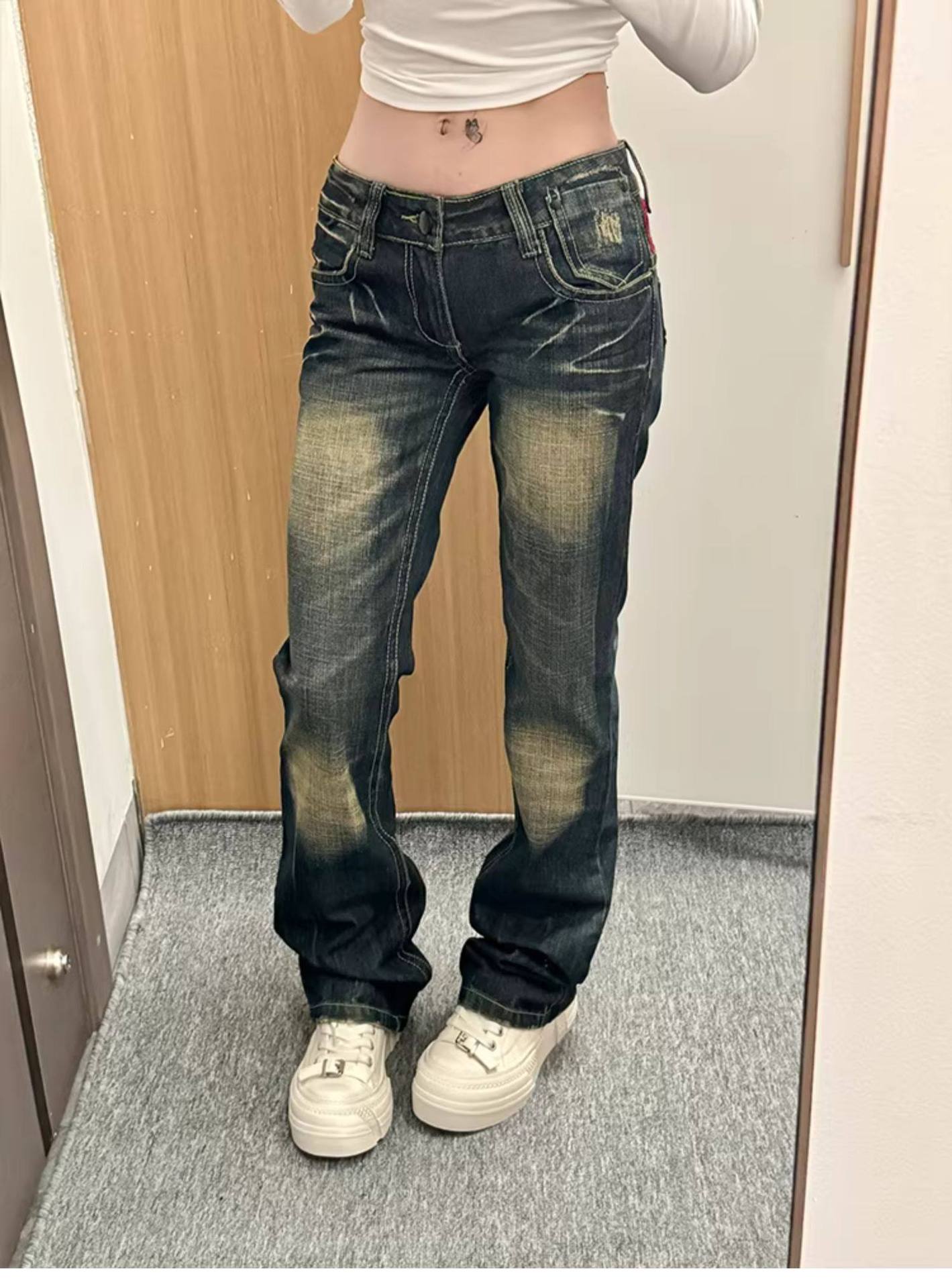 Y2k Vintage Low-Rise Distressed Jeans For Women - Baggy Straight Leg Denim Pants With Heavy Embroidery, Grunge Aesthetic_ecoleips.com