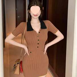 韩系性感风撞色翻领短袖针织连衣裙女夏修身内搭显瘦OL包臀裙绣花