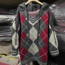 25秋冬小众设计明星同款菱形格纹针织连帽抽绳毛衣外套女