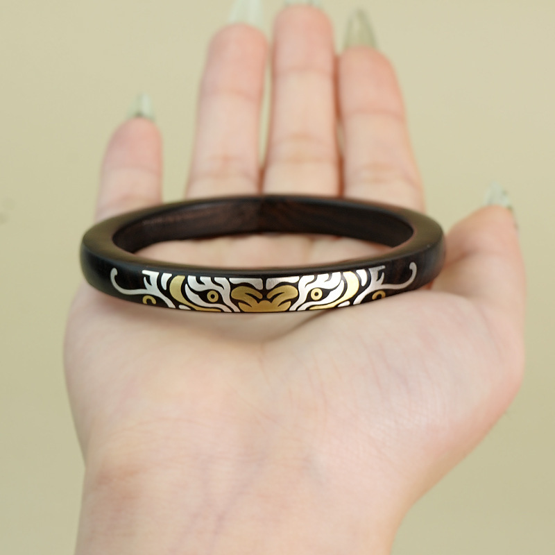 Ebony Wood Inlaid with Silver Tiger Bracelet, Purple Sandalwood Chinese Style Wooden Bracelet with Mountain and Tiger Pattern, Custom-Made Christmas Chinese Trend Gift