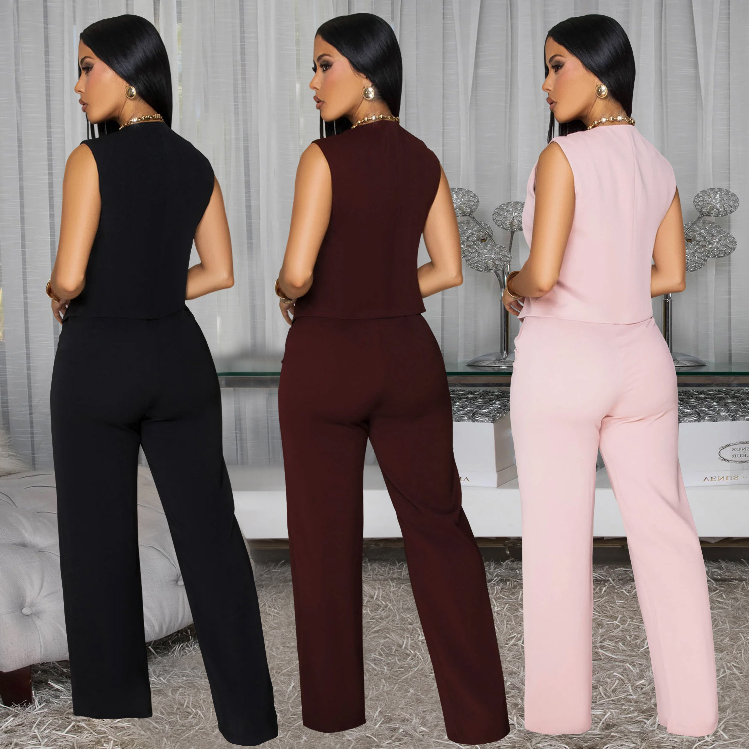 C7496 Aliexpress transfronterizo Amazon Europa y América moda de mujer casual sin mangas v-collar chaqueta pantalones largos de dos piezas nuevo